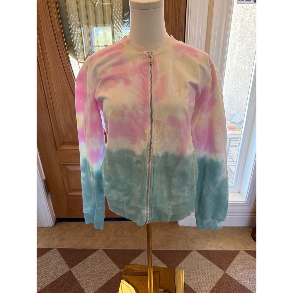 Mystree Pastel Tie Dye Full Zip Bomber Jacket Pink Yellow Teal Green NWT
